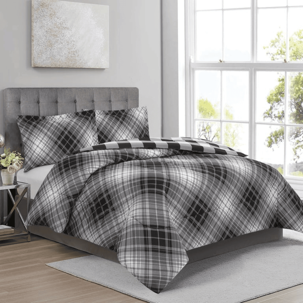 Charcoal bias plaid comforter set made from soft microfiber cozy pattern.