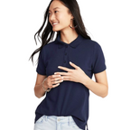 Navy women’s polo shirt with tailored fit and customizable embroidered logo for professional uniforms