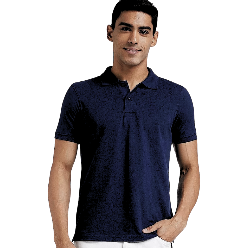 Navy unisex polo shirt with classic fit and customizable embroidered logo for staff uniforms