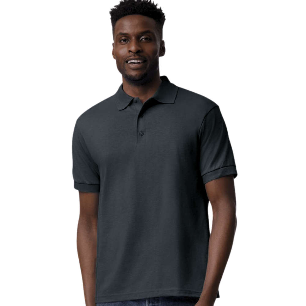 Charcoal grey unisex polo shirt with slim-fit design and short sleeves for professional wear
