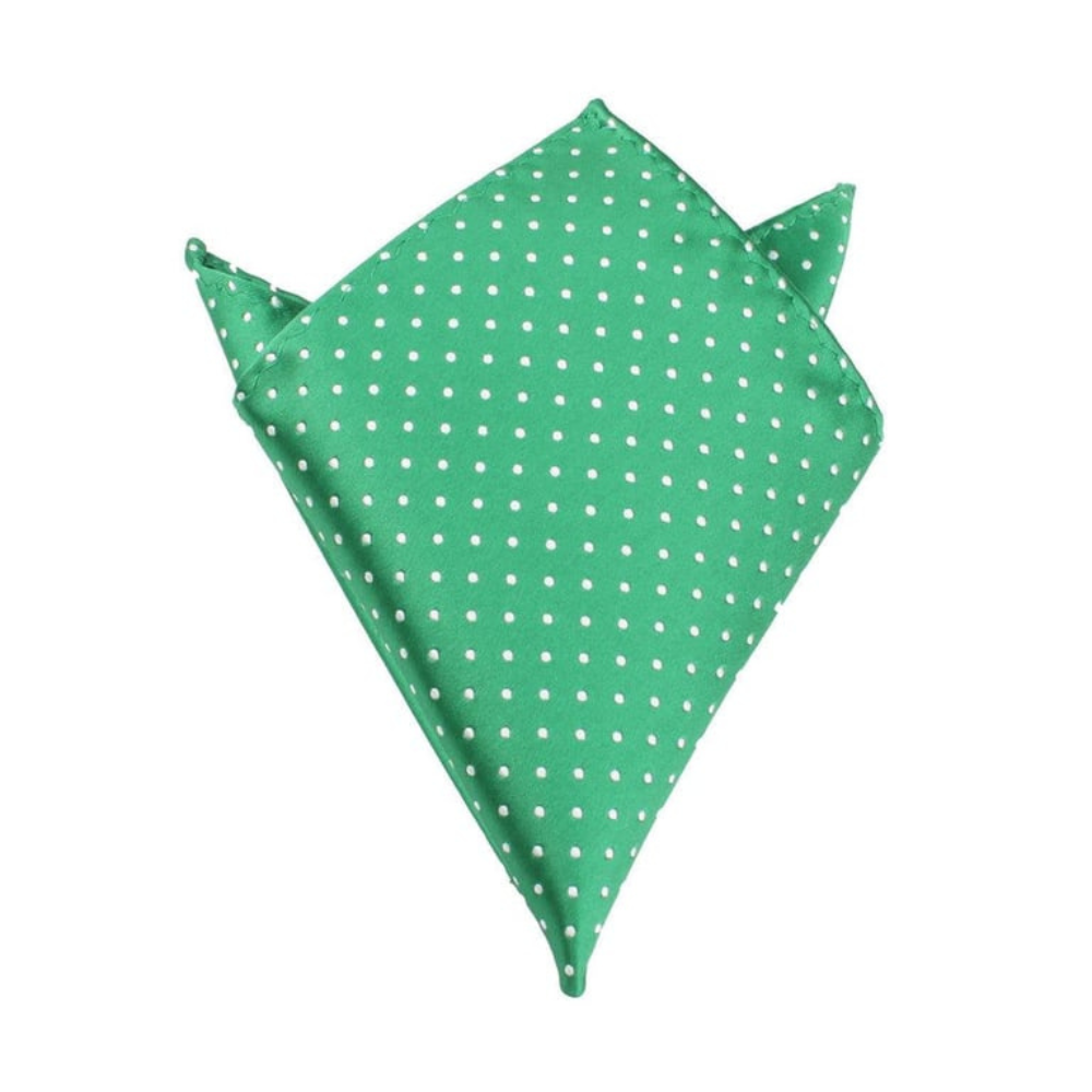 Green sateen pocket square with wrinkle-resistant fabric and subtle sheen for formal wear