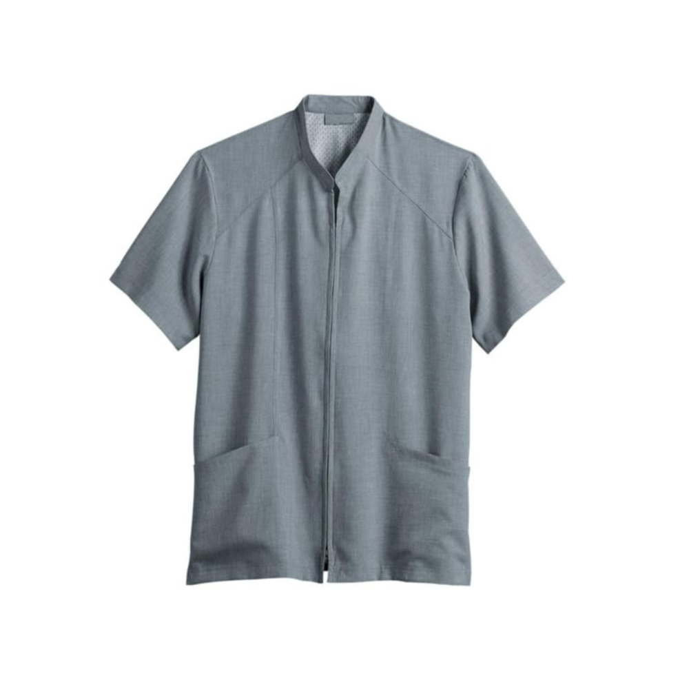 Female grey housekeeping top with front zipper closure, side pockets, and breathable cotton-polyester fabric for professional uniforms