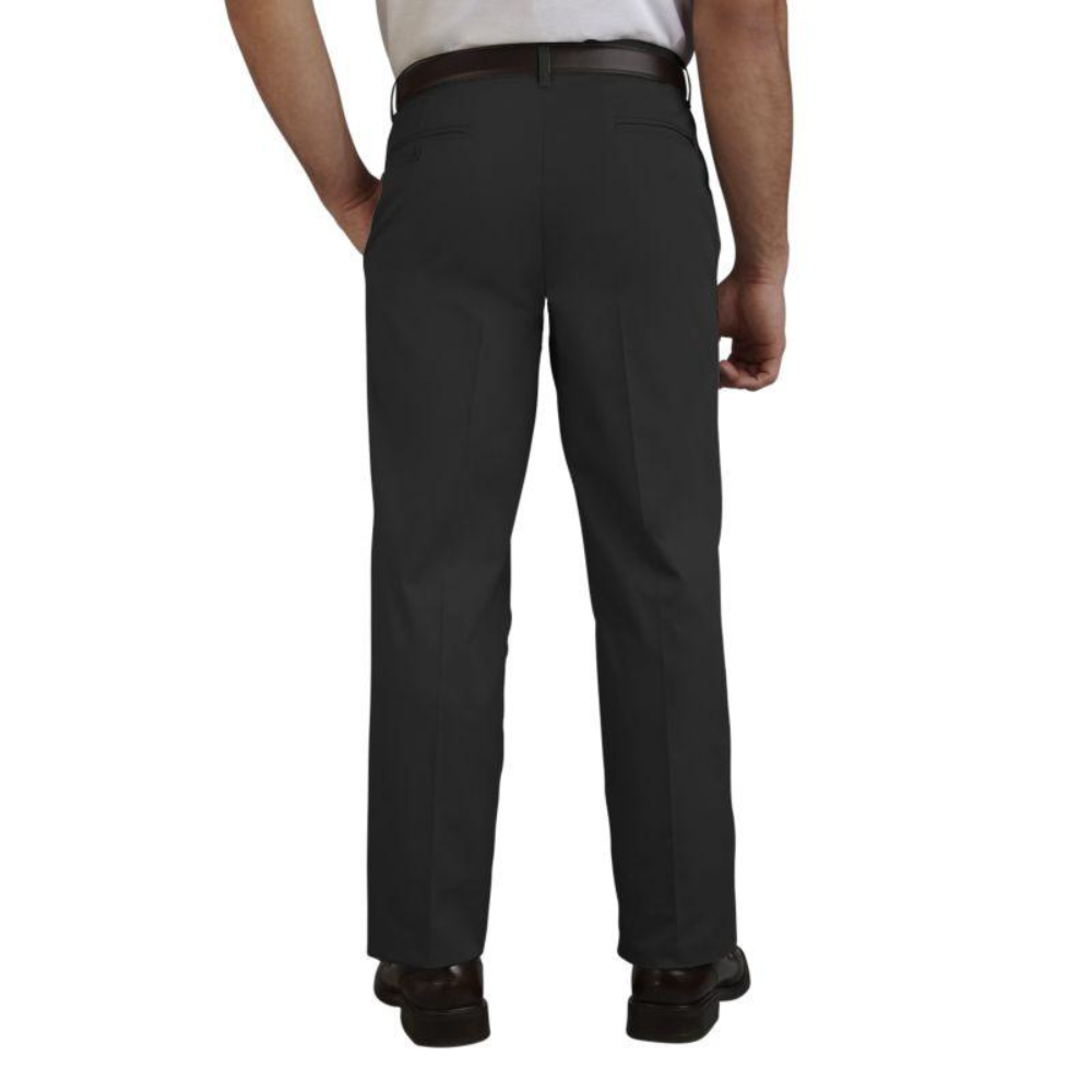 Classic men’s tailored pants with a 37-inch fit, flat front design, and zip-up closure