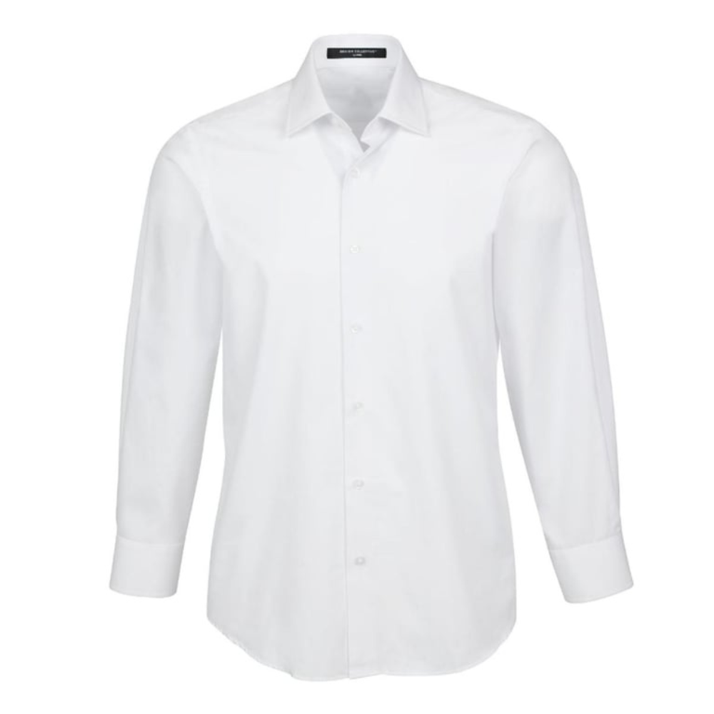White dress shirt with adjustable cuffs made from wrinkle-resistant cotton blend fabric