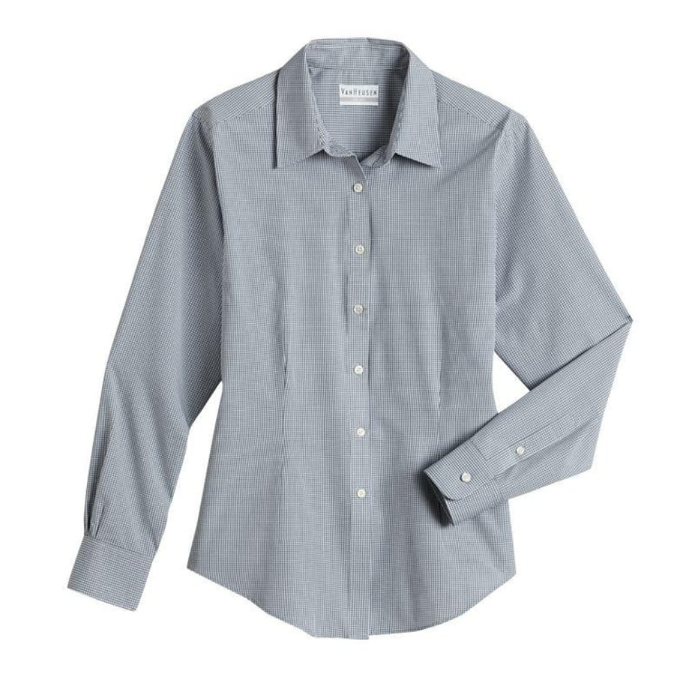 Grey gingham blouse with adjustable cuffs made from wrinkle-resistant cotton blend fabric for professional wear