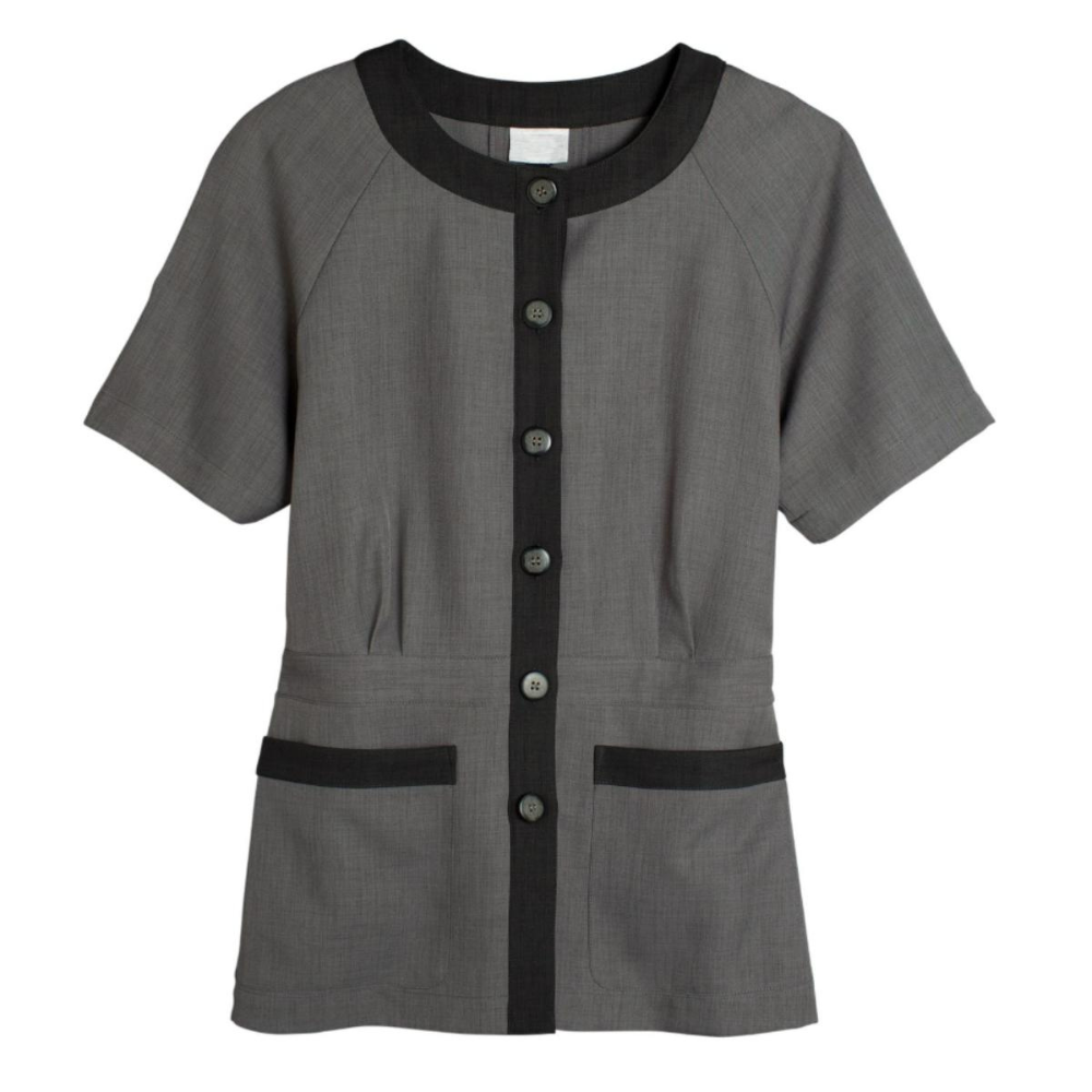 Women’s charcoal grey housekeeping top with two front pockets and wrinkle-resistant poly-cotton fabric for professional uniforms