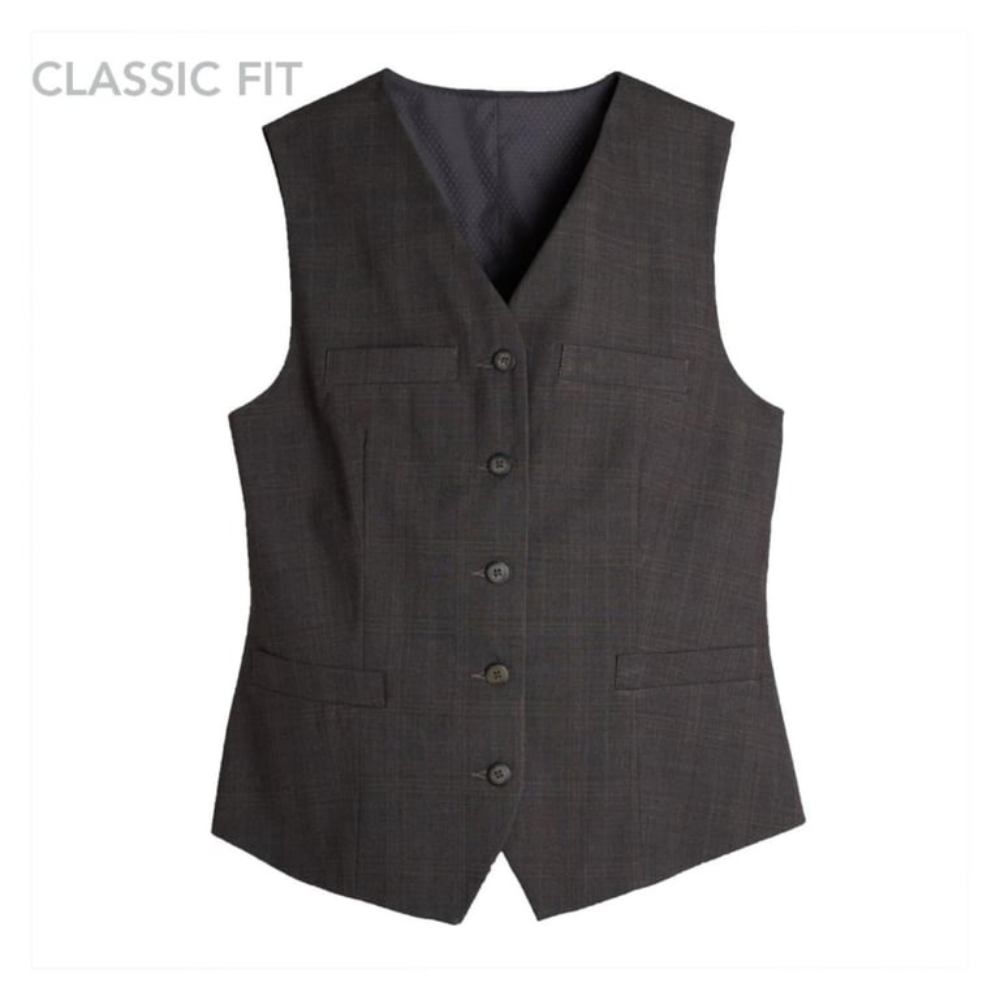 Charcoal grey V-neck vest with adjustable back belt and tailored fit for formal and professional wear