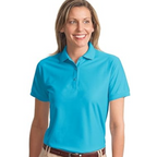 Blue unisex polo shirt with 3-button placket and customizable embroidered logo for professional uniforms