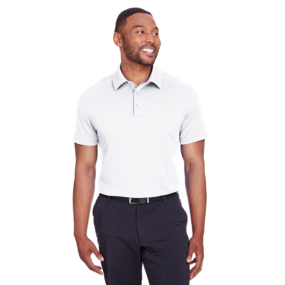 White unisex polo shirt with short sleeves, 3-button placket, and lightweight breathable fabric