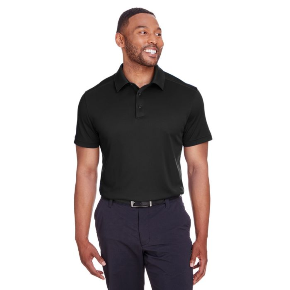 Black unisex polo shirt with short sleeves, taped neck, and breathable wrinkle-resistant fabric for professional uniforms