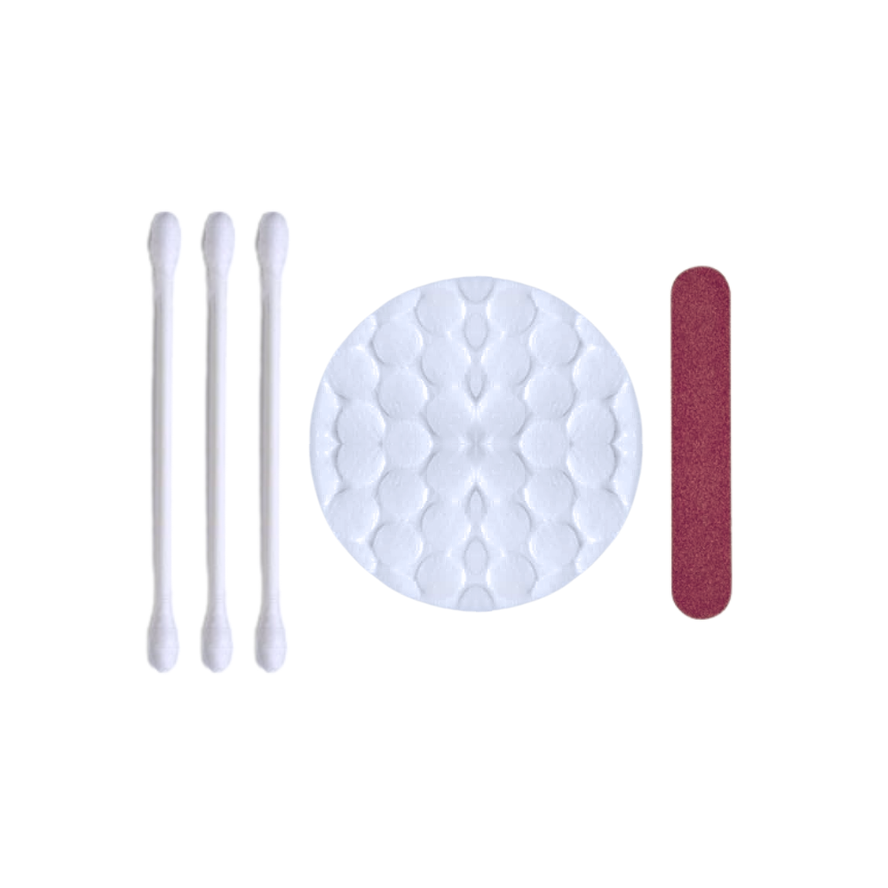 Travel-size vanity kit with cotton pads, swabs, and nail file, hygienically packed.