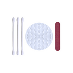 Travel-size vanity kit with cotton pads, swabs, and nail file, hygienically packed.
