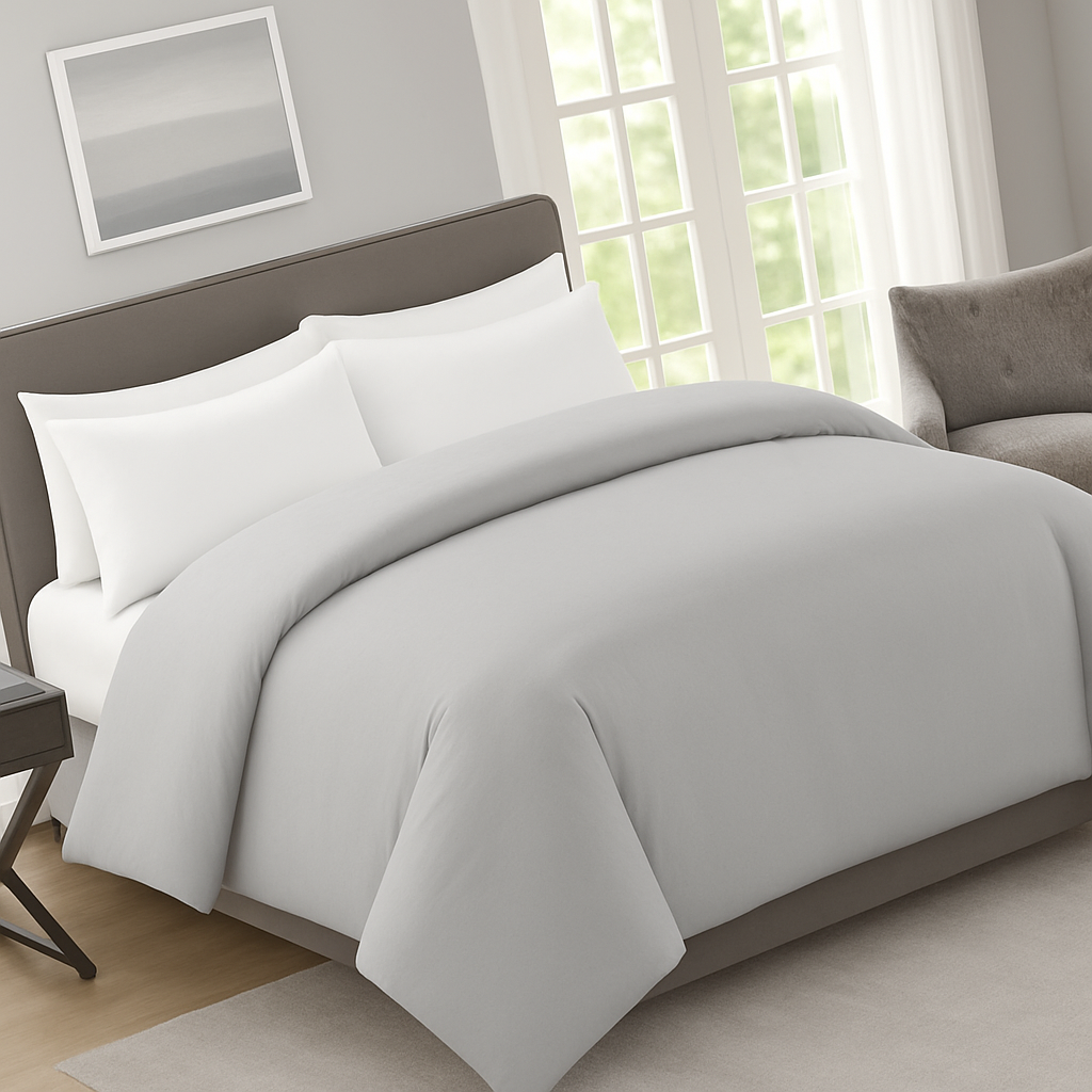 Microfiber duvet cover fabric with smooth wrinkle-resistant finish gray