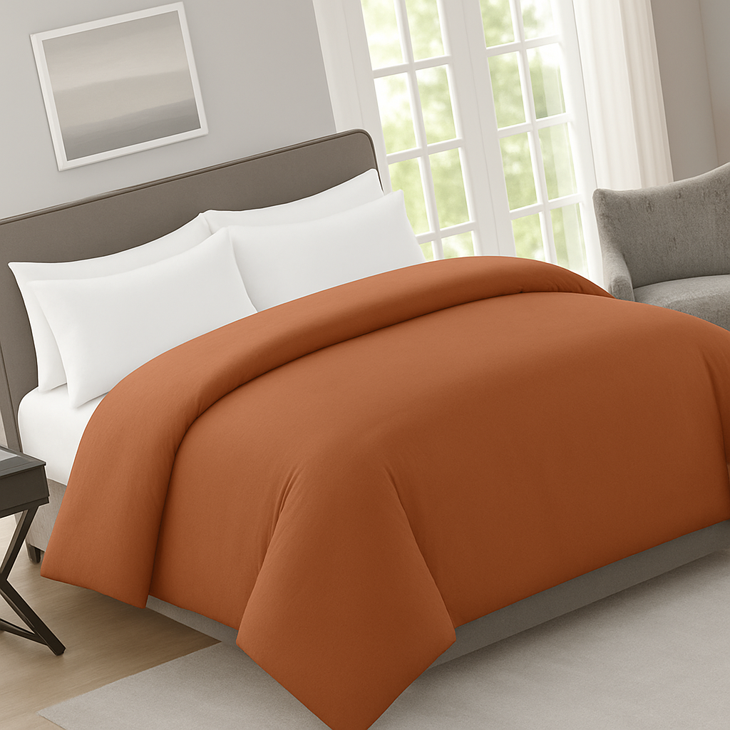Modern bedroom styled with a wrinkle-resistant duvet cover mini set Orange