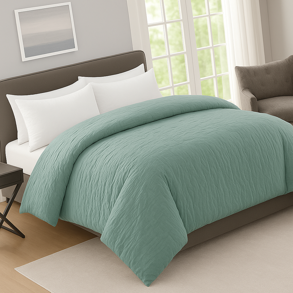 3-piece vintage-inspired crinkle prewashed duvet cover set styled on a bed for a cozy bedroom look