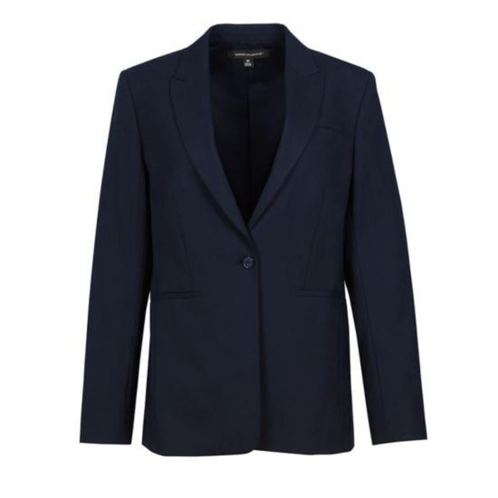 Tailored women’s navy blazer made from wool blend fabric with stretch for comfort