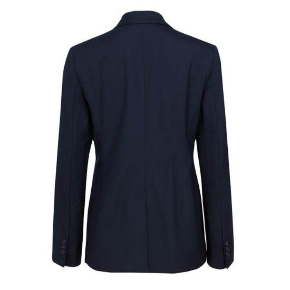 Women’s navy blazer with mitered sleeves and tailored professional fit