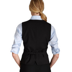 Women’s navy V-neck vest with adjustable back belt and tailored professional fit