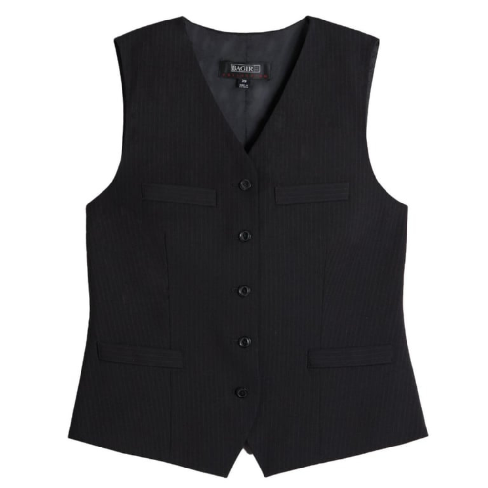 Navy women’s suit vest featuring button closure and wrinkle-resistant lightweight fabric
