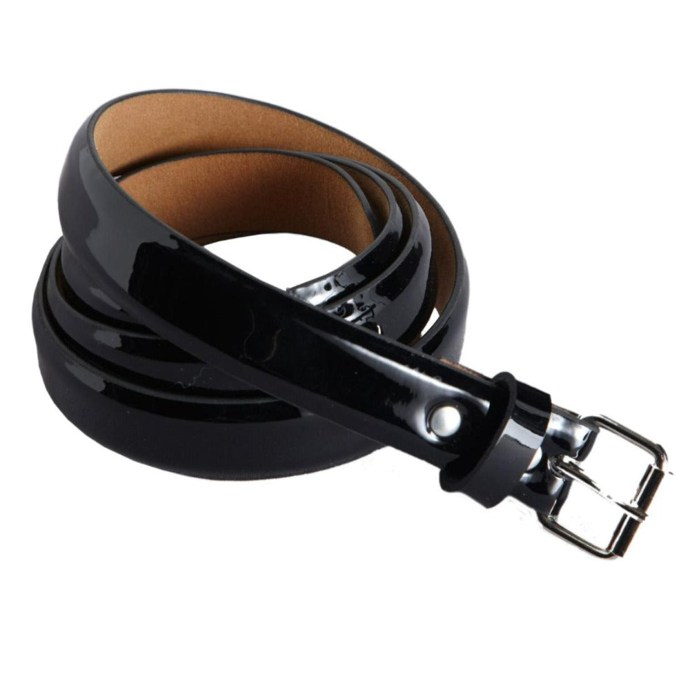 Black patent leather belt with polished finish and silver buckle for formal and business wear