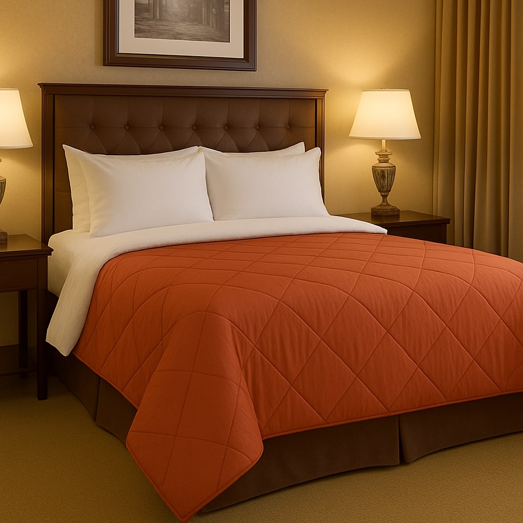 3 piece Pintuck comforter set styled on a bed featuring an elegant orange color