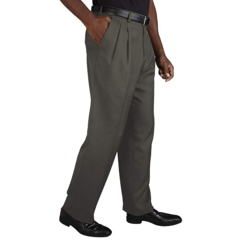 Male housekeeping pants with double pleated front, tailored fit, two front pockets, and wrinkle-resistant easy-care fabric