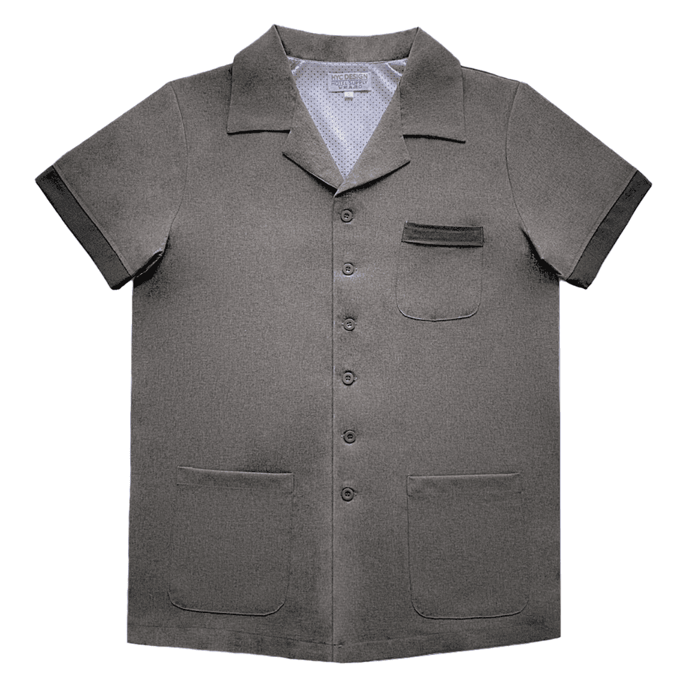 Charcoal grey male housekeeping top with three front pockets and wrinkle-resistant poly-cotton fabric for professional uniforms