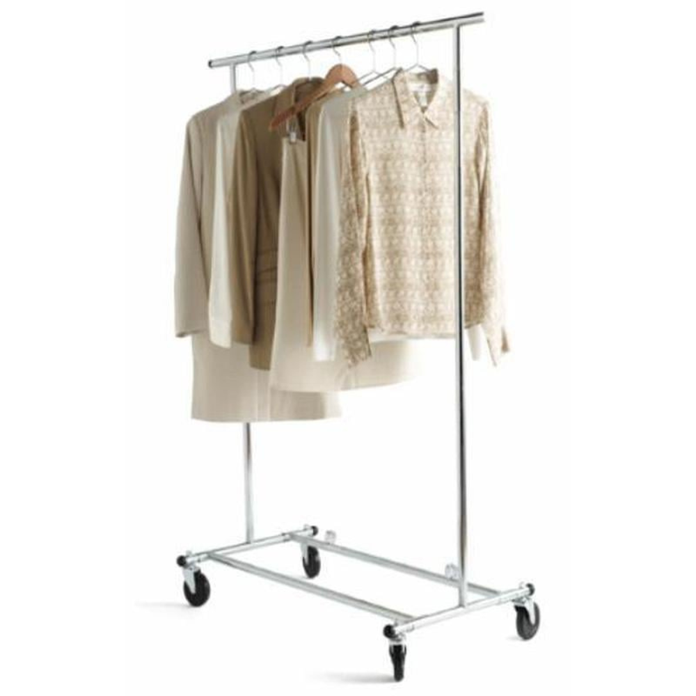 Chrome-plated clothing rack with rust-resistant steel frame and collapsible design for garment storage