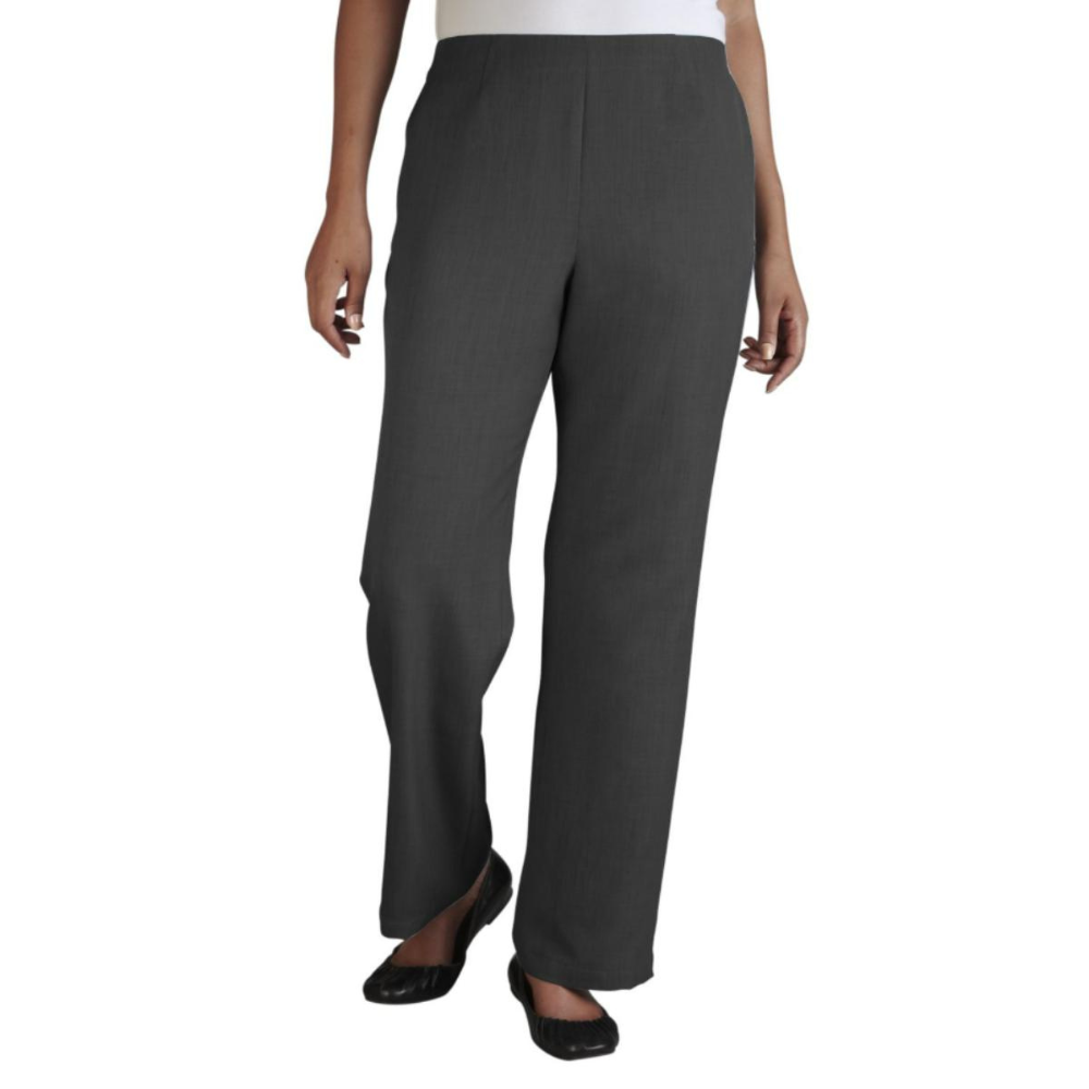 Women’s grey housekeeping trousers featuring a clean tailored silhouette, side pockets, and long-lasting easy-care construction