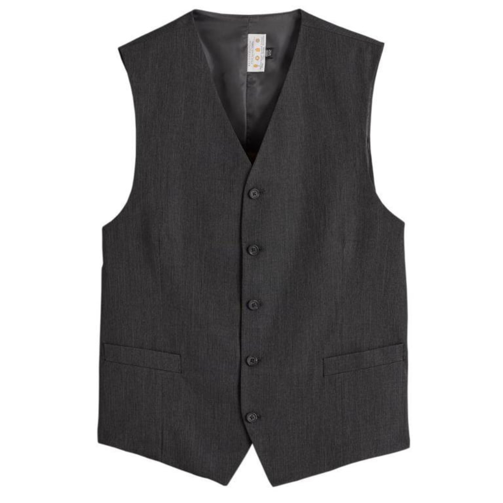 Dark grey V-neck suit vest with 5-button closure made from 100% wool for formal wear