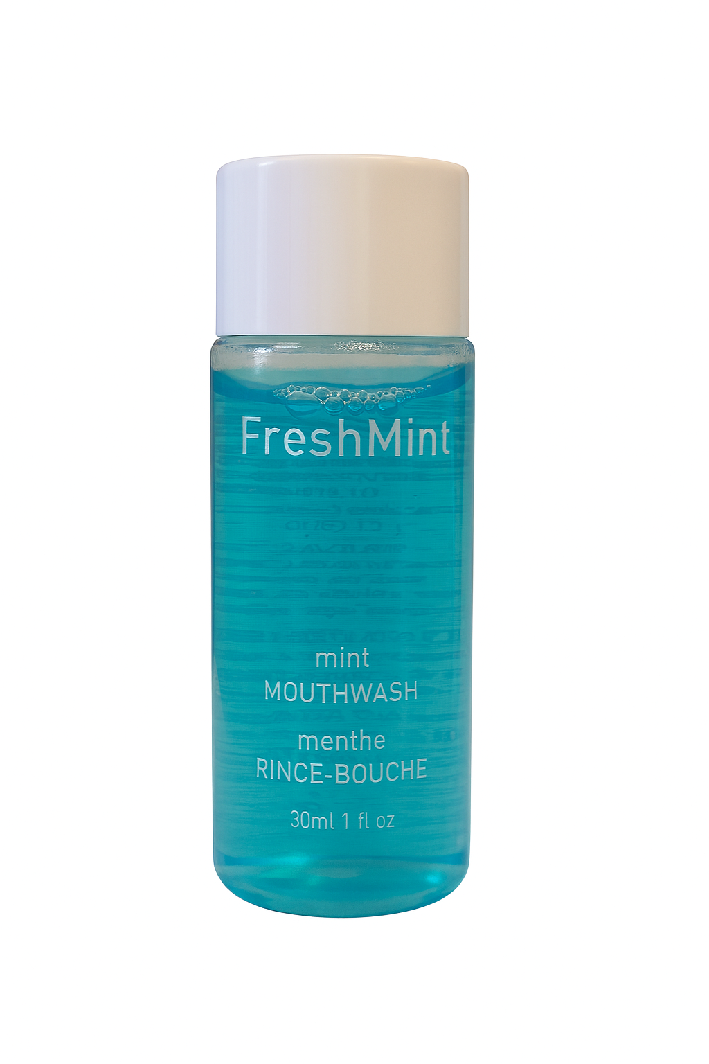 30ml mint mouthwash bottle for guest kits in hotels, vacation rentals, and event hospitality. Freshens breath effectively.