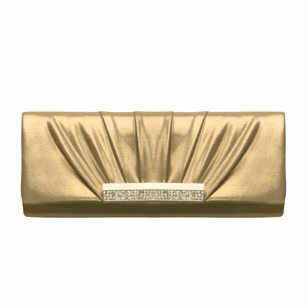 Pleated clutch with jewel accents available in gold, pearl white, and pearl purple