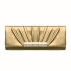 Pleated clutch with jewel accents available in gold, pearl white, and pearl purple