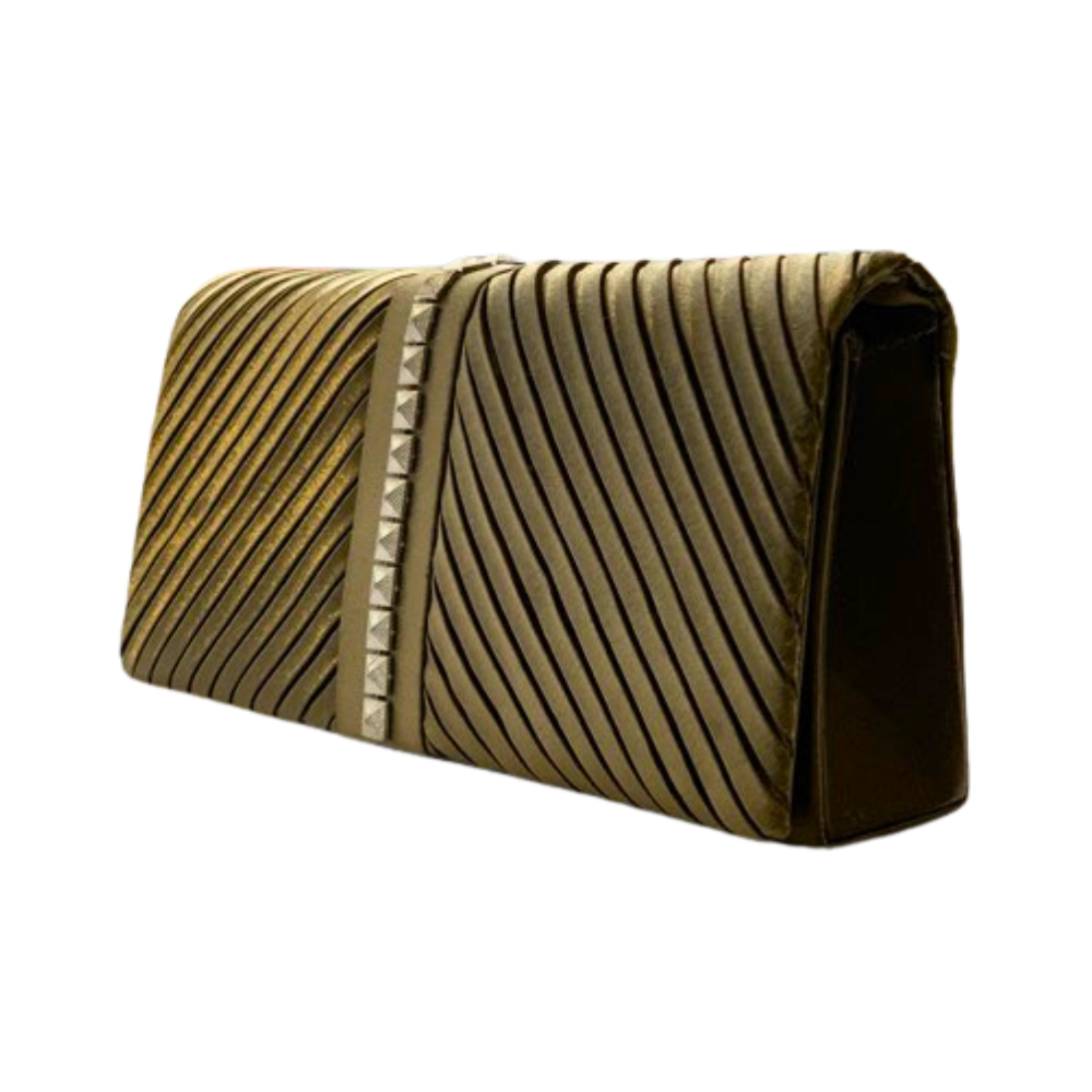 Formal satin clutch with textured pleats and decorative rhinestone centerpiece