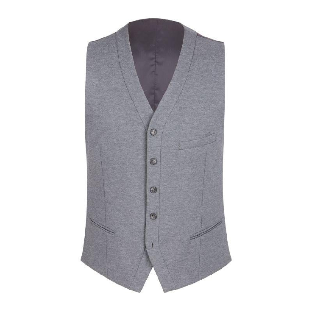 Grey V-neck suit vest with 5-button closure made from wrinkle-resistant wool blend fabric for formal wear