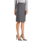 Knee-length charcoal grey skirt with stylized waistband and fully lined interior for all-day comfort