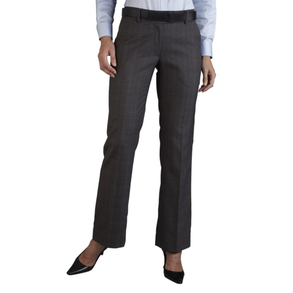 Women's dark grey slack pants with permanent crease, wrinkle-resistant poly-viscose fabric, and tailored fit