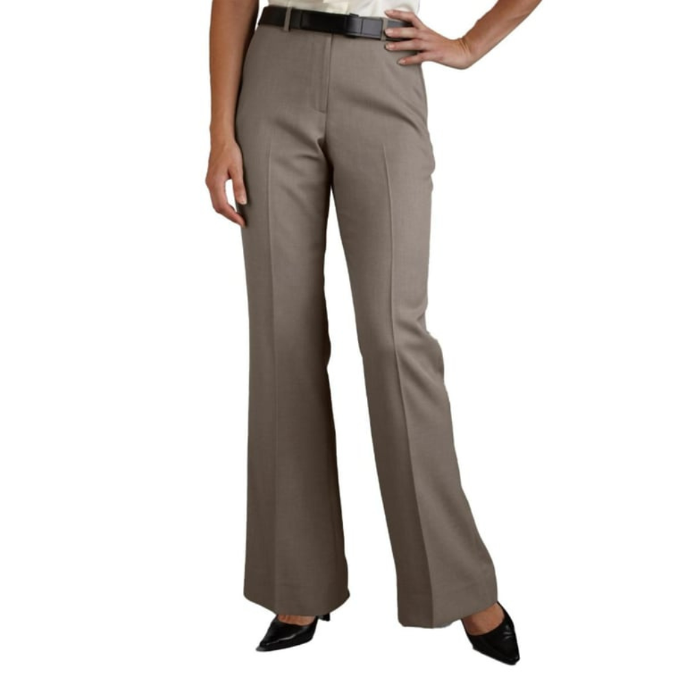 Straight leg khaki flat front pants with permanent pressed crease