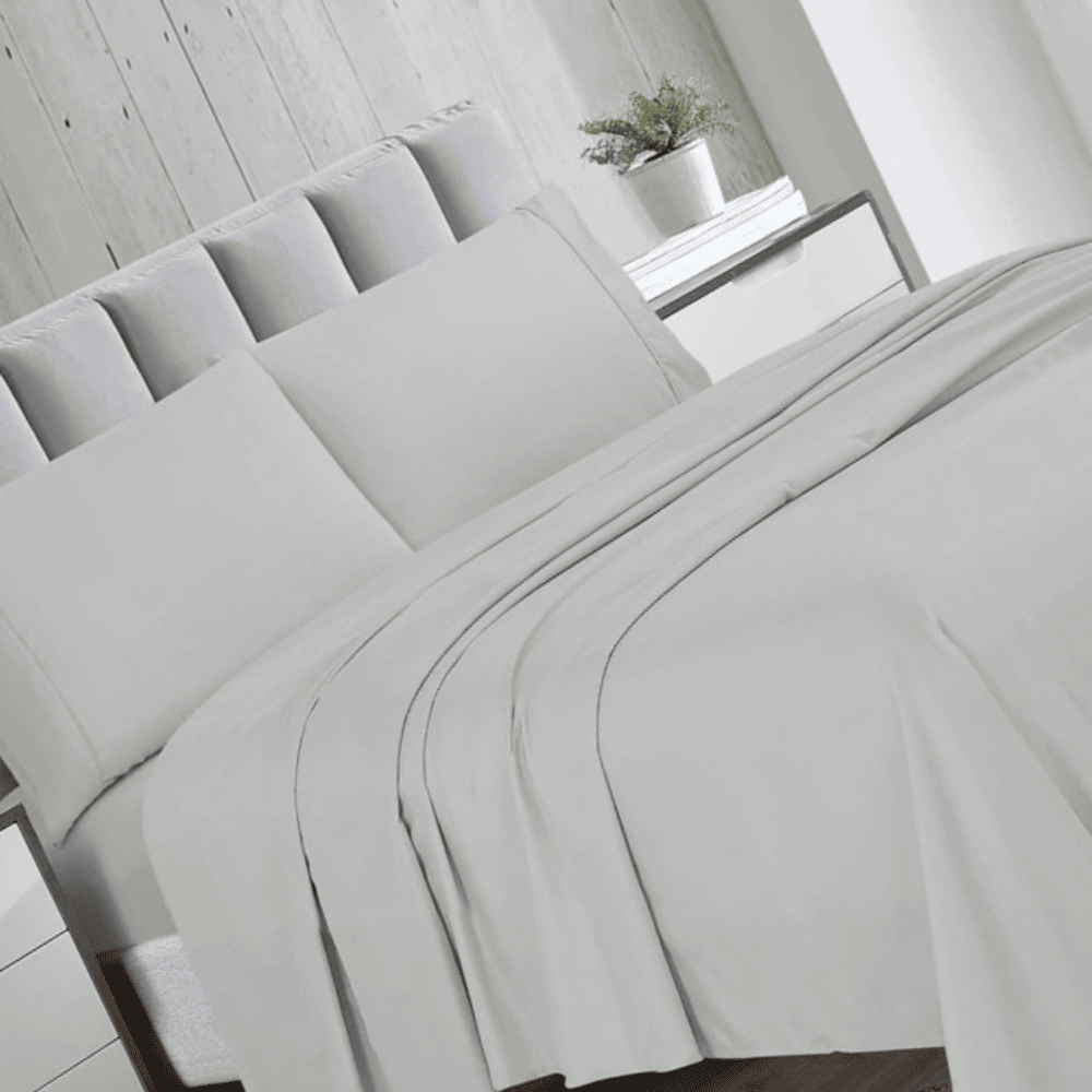 Microfiber bed sheet set styled with matching pillowcases for a polished bedroom look Light Grey