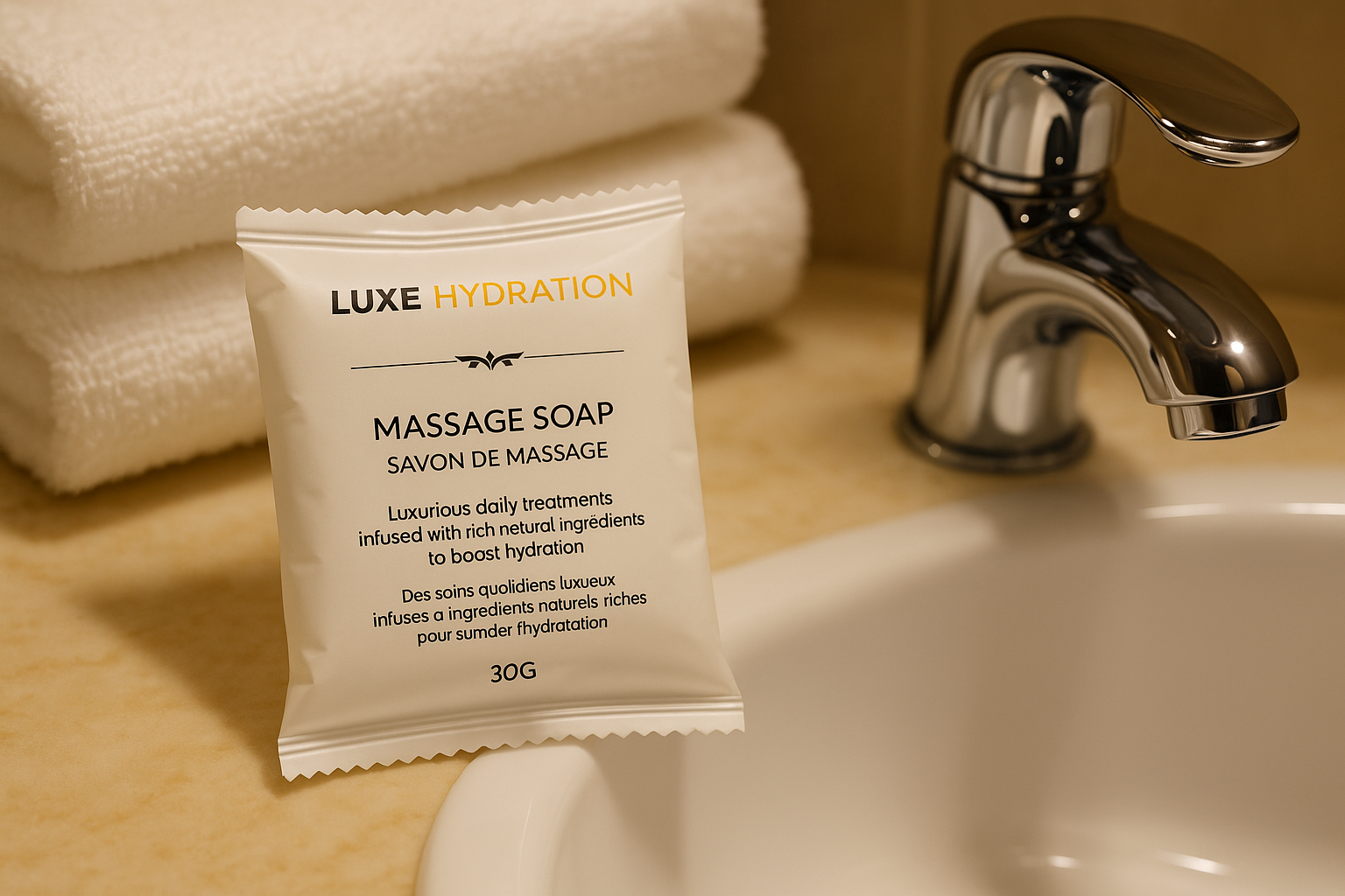 Individually wrapped 30g luxury soap with rich texture and gentle scent comfort, care cleansing