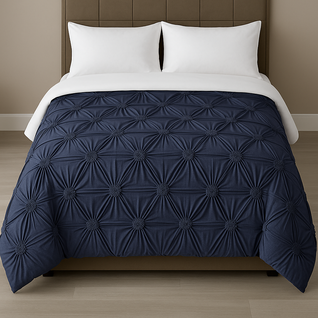 3-piece Floral ruched duvet cover set styled on a bed for a luxurious and elegant bedroom look 100% polyester