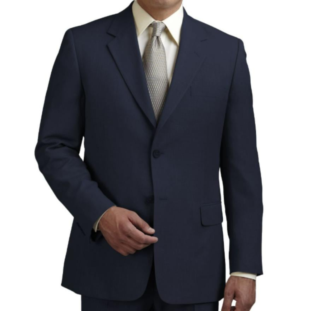 Classic navy blazer for men featuring chest pocket and wrinkle-resistant wool fabric