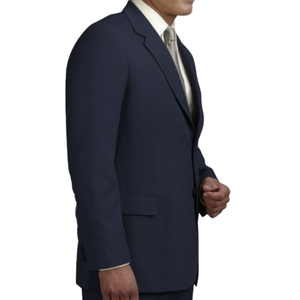 Men’s navy wool blazer with chest pocket and classic tailored fit