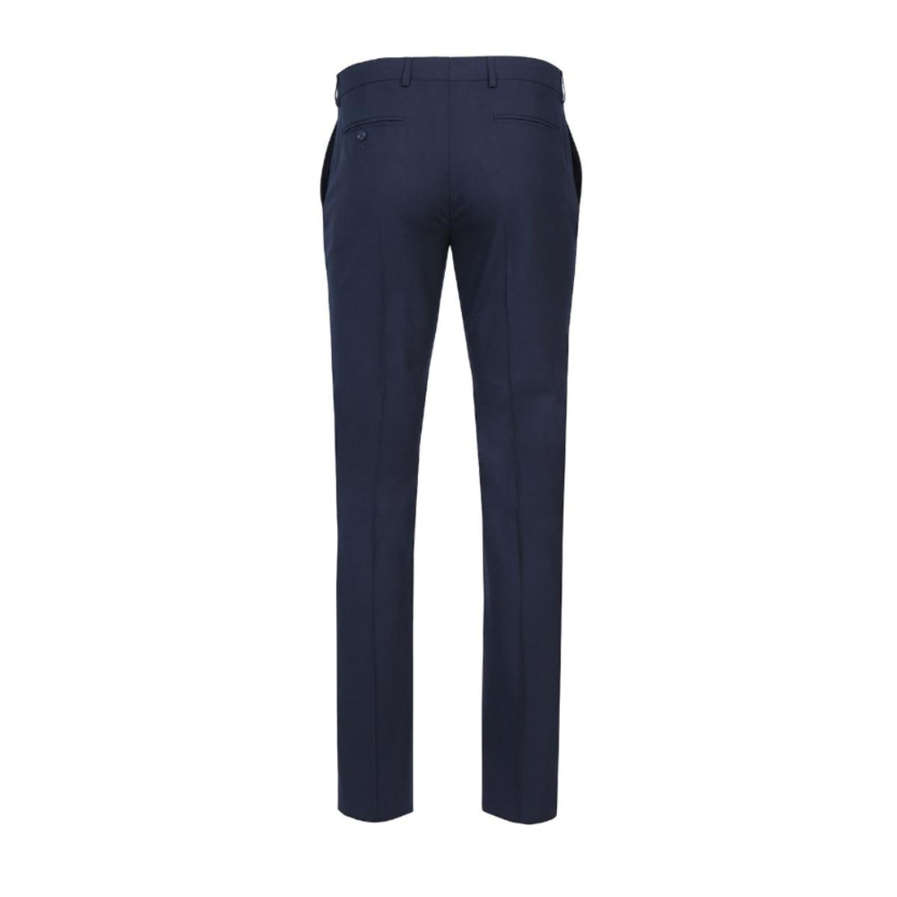 Straight navy dress pants with slim-cut design, poly-wool blend fabric, and two front slant pockets