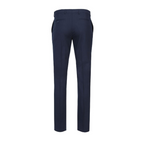 Straight navy dress pants with slim-cut design, poly-wool blend fabric, and two front slant pockets