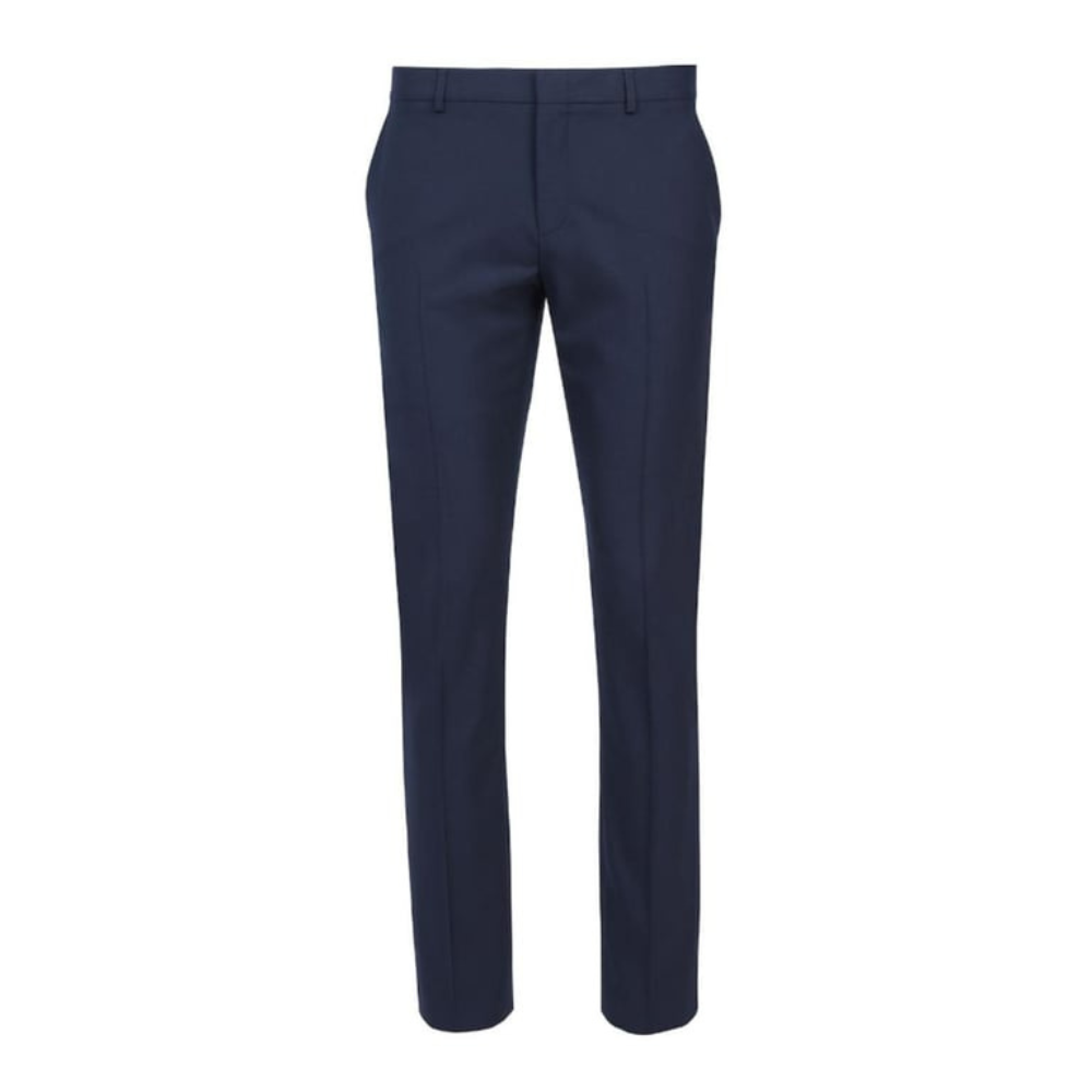 Men’s navy slim-fit dress pants made from breathable poly-wool blend with front slant pockets for a polished look