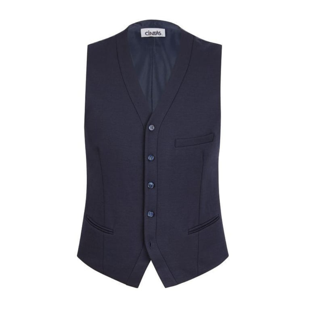 Navy V-neck suit vest with 5-button front closure and tailored fit for formal and professional wear
