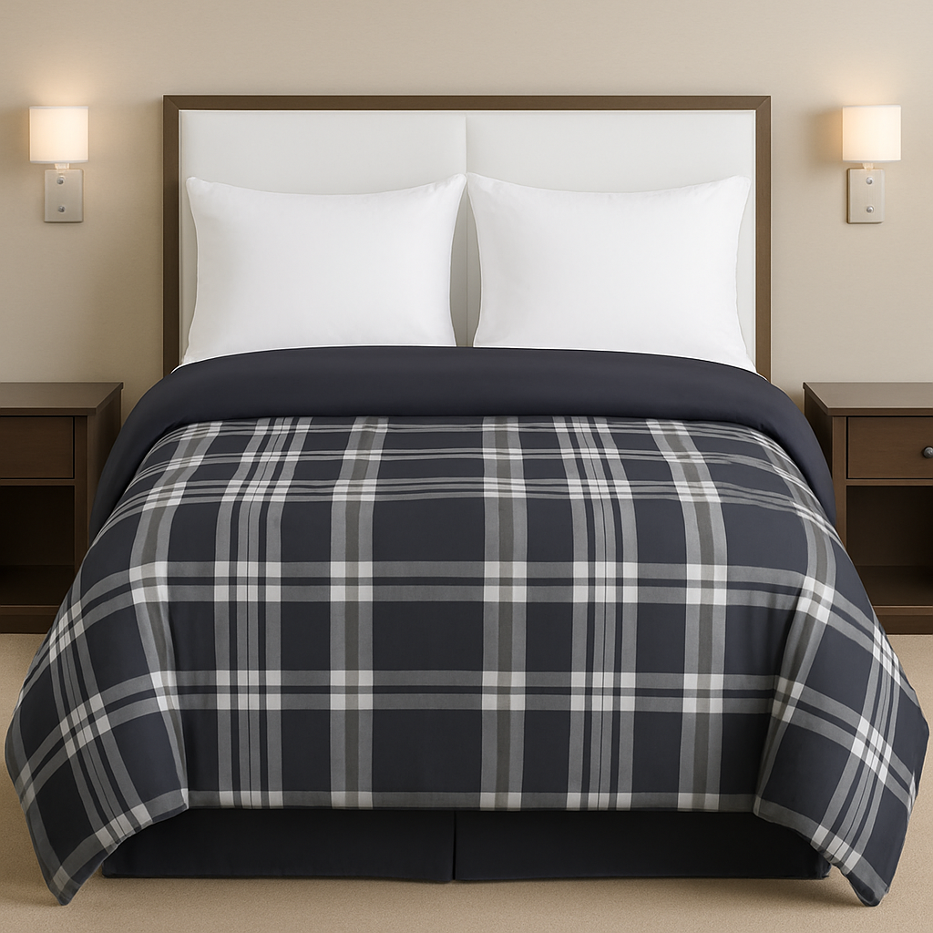 Easy-care printed duvet cover set arranged for effortless bedroom styling plaid pattern