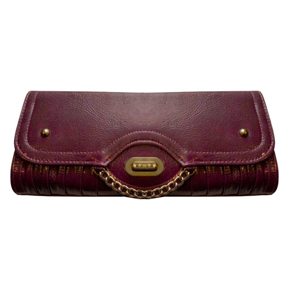 Purple faux leather clutch with gold accents for elegant evening or daytime wear