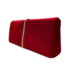 Elegant satin evening clutch featuring pleated design and sparkling rhinestone detail